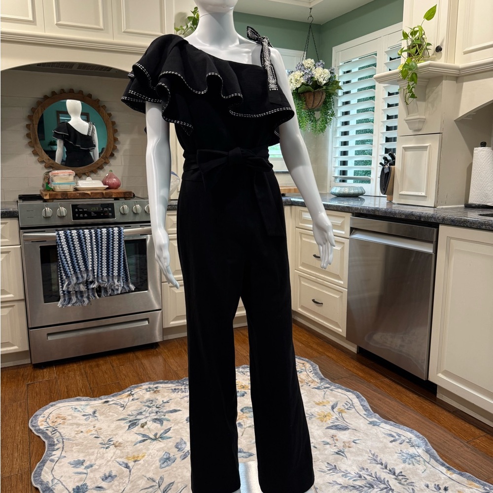 NATORI 100% Cotton Knit Crepe one shoulder Black Ruffled Jumpsuit Size 4